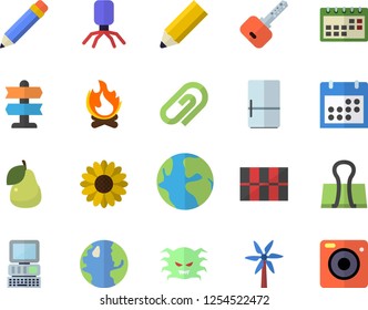Color flat icon set tile flat vector, fridge, pear, windmill, flower, bonfire, earth, virus, calendar, pencil, computer, pointer fector, clip, binder, key, camera