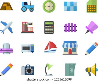 Color flat icon set tile flat vector, flooring, meashuring cup, microwave, tractor, fence, gas station, SIM card, store front, sailboat, clock, reading lamp, printer, pencil, calculator, camera