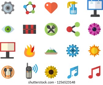 Color flat icon set tile flat vector, fire, table setting, flower, pulverizer, sun, cogwheel, billboard, molecules, phone call, heart, eye, fector, mountains, note