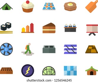 Color flat icon set tile flat vector, brick, flooring, cutting board, cupcake, piece of cake, fish rolls, pancakes, greenhouse, ventilation, flipchart, meeting, paper tray, lightning, hike fector