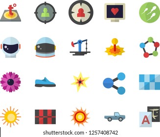 Color flat icon set tile flat vector, warm floor, pickup truck, flower, oil pumping, laser, target audience, molecules, computer diagnostics of health, sperm, spark, astronaut helmet fector, sun