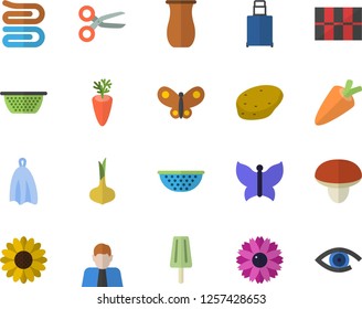 Color flat icon set tile flat vector, colander, towel, jugful, mushroom, potato, onion, carrot, ice cream, flower, butterflies, person, luggage fector, scissors, eye