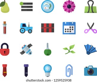 Color flat icon set tile flat vector, scissors, pear, flower, tractor, tree leaf, lamp, blood test, calendar, tie, satellit, Petri dish, flippers fector, menu, clip, binder, lock, key, camera