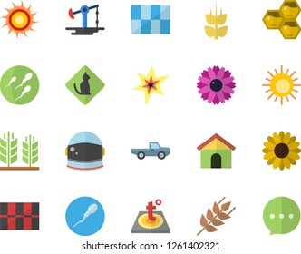 Color flat icon set tile flat vector, warm floor, ear, honeycomb, pickup truck, flower, oil pumping, sperm, spark, astronaut helmet fector, sun, pets allowed, house, chat