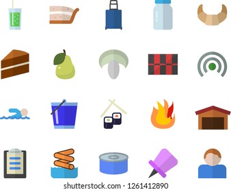 Color flat icon set tile flat vector, cake, fire, glass jar, croissant, canned food, mushroom, piece of, fish rolls, soda, pear, bucketful, warehouse, clipboard, swimming, luggage fector, aquapark