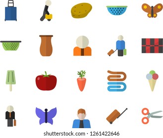 Color flat icon set tile flat vector, colander, towel, jugful, potato, tomato, carrot, ice cream, butterflies, person, businessman, luggage fector, scissors
