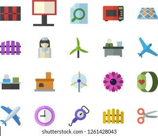 Color flat icon set tile flat vector, flooring, spring balance, microwave, flower, fence, fireplace, windmill, billboard, nurse, clock, magnifier, office worker, fitness bracelet, aircraft fector