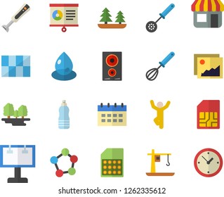 Color flat icon set tile flat vector, kitchen spoon, whisk, induction cooker, blender, forest, drop, crane, SIM card, store front, billboard, molecules, chart, gymnastics, water, gallery, calendar