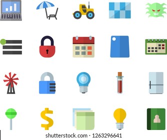 Color flat icon set tile flat vector, cutting board, fridge, lollipop, windmill, tractor, lamp, dollar, blood test, virus, calendar, sticker, computer, chaise lounge fector, menu, lock, notebook