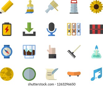 Color flat icon set tile flat vector, sieve, grater, spaghetti on a fork, whiskey, flower, paint brush, rake, battery, pencil, moon, gas burner, hostory roll, folders for papers, skateboard, note