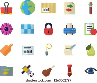 Color flat icon set tile flat vector, construction plummet, cutting board, ham, pear, flower, earth, barcode, blood test, printer, tie, satellit, hostory roll, diet, file sharing, binder clip, lock