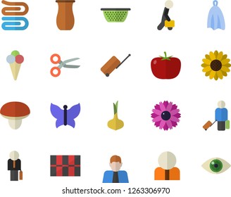 Color flat icon set tile flat vector, colander, towel, jugful, mushroom, tomato, onion, ice cream, flower, butterflies, person, businessman, luggage fector, scissors, eye