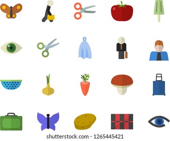 Color flat icon set tile flat vector, colander, towel, mushroom, potato, tomato, onion, carrot, ice cream, butterflies, person, businessman, suitcase fector, luggage, scissors, eye