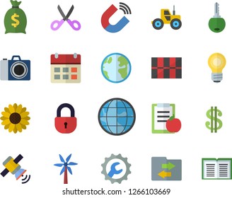 Color flat icon set tile flat vector, repair, scissors, windmill, flower, tractor, earth, magnet, dollar, wealth, satellit, bulb, diet, camera fector, file sharing, calendar, lock, key, book