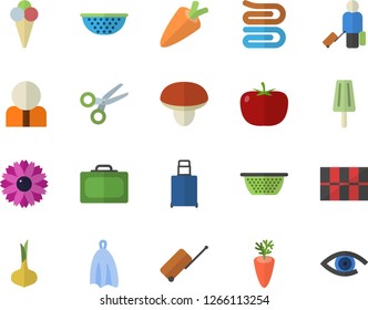 Color flat icon set tile flat vector, colander, towel, mushroom, tomato, onion, carrot, ice cream, flower, person, luggage fector, suitcase, scissors, eye