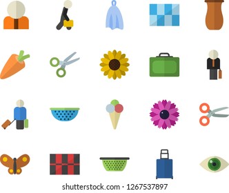 Color flat icon set tile flat vector, colander, towel, jugful, carrot, ice cream, flower, butterflies, person, businessman, luggage fector, suitcase, scissors, eye