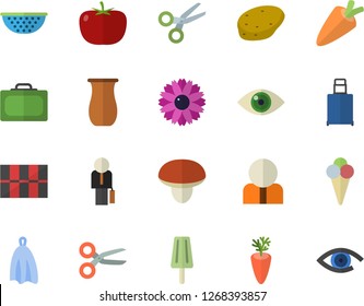 Color flat icon set tile flat vector, colander, towel, jugful, mushroom, potato, tomato, carrot, ice cream, flower, person, businessman, suitcase fector, luggage, scissors, eye