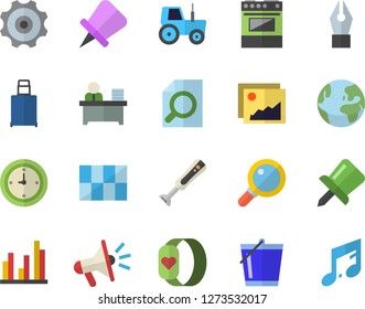 Color flat icon set tile flat vector, electric stove, blender, tractor, bucketful, mouthpiece, drawing pin, clock, statistic, magnifier, ink pen, office worker, cogwheel, fitness bracelet, luggage