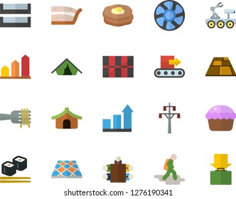 Color flat icon set tile flat vector, flooring, spaghetti on a fork, cupcake, piece of cake, fish rolls, pancakes, ventilation, power line support, conveyor, meeting, paper tray, lunar rover, tent