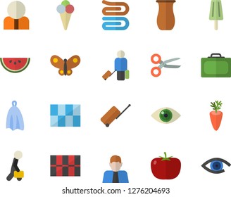 Color flat icon set tile flat vector, towel, jugful, tomato, watermelon, carrot, ice cream, butterflies, person, businessman, luggage fector, suitcase, scissors, eye