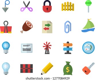 Color flat icon set tile flat vector, construction plummet, scissors, ham, lollipop, windmill, fence, lamp, wealth, barcode, sailboat, pencil, bulb, Petri dish, pointer fector, file sharing, clip