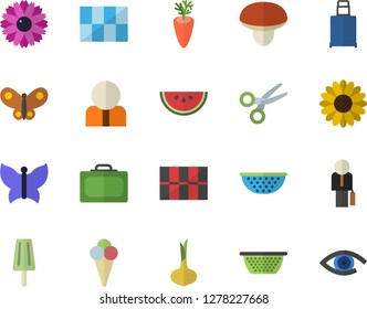 Color flat icon set tile flat vector, colander, mushroom, onion, watermelon, carrot, ice cream, flower, butterflies, person, businessman, suitcase fector, luggage, scissors, eye