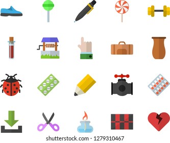 Color flat icon set tile flat vector, scissors, jugful, lollipop, well, ladybird, main pipeline, pill packaging, blood test, pencil, pen, gas burner, dumbbell, sneakers, sport bag, download, heart