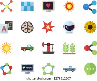 Color flat icon set tile flat vector, pickup truck, flower, oil pumping, molecules, computer diagnostics of health, molecule, spark, ear, brain, astronaut helmet fector, sun, translate, chat