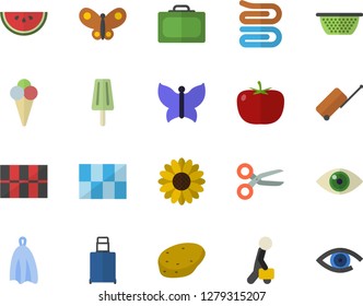 Color flat icon set tile flat vector, colander, towel, potato, tomato, watermelon, ice cream, flower, butterflies, businessman, luggage fector, suitcase, scissors, eye