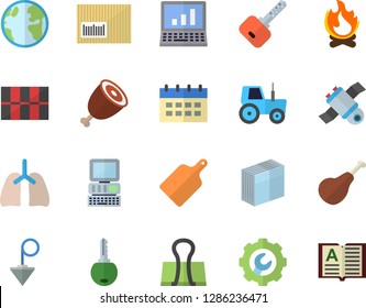Color flat icon set tile flat vector, repair, construction plummet, cutting board, ham, tractor, bonfire, earth, barcode, lungs, sticker, satellit, computer, calendar, binder clip, key, book
