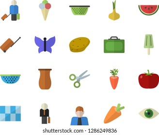 Color flat icon set tile flat vector, colander, jugful, potato, tomato, onion, carrot, watermelon, ice cream, butterflies, person, businessman, luggage fector, suitcase, scissors, eye