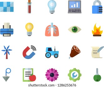 Color Flat Icon Set Tile Flat Vector, Repair, Construction Plummet, Ham, Windmill, Flower, Tractor, Bonfire, Magnet, Blood Test, Lungs, Printer, Bulb, Computer, Hostory Roll, Diet, Lock, Eye, Key