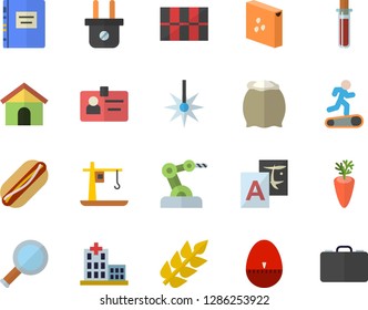 Color flat icon set tile flat vector, kitchen egg timer, flour, groats, hot dog, carrot, plug socket, crane, laser, blood test, hospital, badge, textbook, magnifier, industrial robot, ear, Treadmill