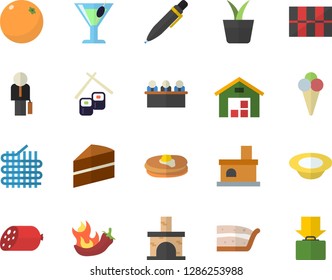 Color flat icon set tile flat vector, cake, pancakes, sausage, piece of, dish, hot peppers, fish rolls, ice cream, cocktail, orange, home plant, fireplace, fabric manufacture, warehouse, meeting