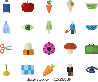 Color flat icon set tile flat vector, colander, towel, mushroom, tomato, onion, carrot, ice cream, flower, person, businessman, luggage fector, suitcase, scissors, eye