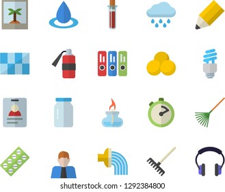 Color flat icon set tile flat vector, stopwatch, glass jar, rake, hose irrigation, rain, drop, person, pill packaging, blood test, folder, pencil, energy saving lamp fector, gas burner, pills, photo