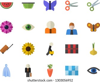 Color flat icon set tile flat vector, colander, towel, onion, watermelon, carrot, flower, butterflies, person, businessman, luggage fector, scissors, eye