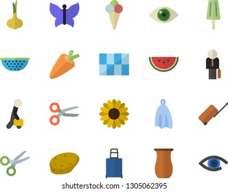 Color flat icon set tile flat vector, colander, towel, jugful, potato, onion, carrot, watermelon, ice cream, flower, butterflies, businessman, luggage fector, scissors, eye
