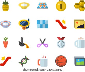 Color flat icon set tile flat vector, flooring, scissors, dish, carrot, tea, pineapple, honeycomb, metallurgy, coffee, dna, medal, basketball, escalator fector, swimming mask, gallery
