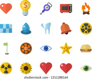 Color flat icon set tile flat vector, spring balance, microwave, hamburger, flower, bonfire, ventilation, radiation, drop, idea, heart, eye, broken tooth, sports flag, starfish fector, bell