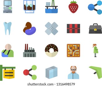 Color flat icon set tile flat vector, legumes, donut, whiskey, Strawberry, oil production platform, plant, signboard, molecules, injury, patch, gestation, caries, briefcase, sticker, computer