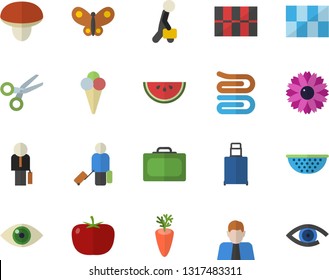 Color flat icon set tile flat vector, colander, towel, mushroom, tomato, watermelon, carrot, ice cream, flower, butterflies, person, businessman, luggage fector, suitcase, scissors, eye