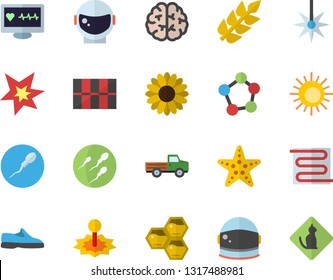 Color flat icon set tile flat vector, warm floor, honeycomb, pickup truck, flower, laser, computer diagnostics of health, molecules, sperm, spark, ear, brain, astronaut helmet fector, sneakers, sun