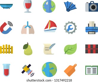 Color flat icon set tile flat vector, repair, cutting board, wine, pear, fence, tree leaf, earth, magnet, sailboat, blood test, lungs, printer, satellit, hostory roll, sea beach fector, flippers