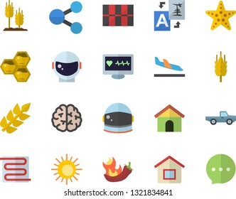 Color flat icon set tile flat vector, warm floor, hot peppers, honeycomb, ear, pickup truck, molecules, computer diagnostics of health, brain, astronaut helmet fector, arrival, sun, starfish, house