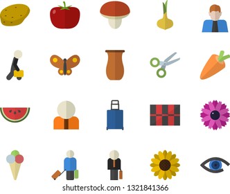 Color flat icon set tile flat vector, jugful, mushroom, potato, tomato, onion, carrot, watermelon, ice cream, flower, butterflies, person, businessman, luggage fector, scissors, eye