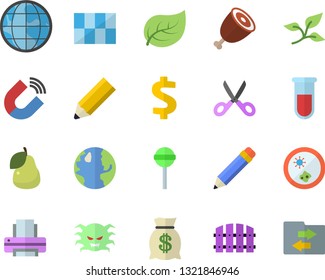 Color flat icon set tile flat vector, scissors, ham, lollipop, pear, fence, tree leaf, earth, magnet, dollar, wealth, blood test, virus, printer, pencil, Petri dish, file sharing