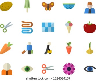 Color flat icon set tile flat vector, colander, towel, potato, tomato, onion, carrot, ice cream, flower, butterflies, person, businessman, luggage fector, scissors, eye
