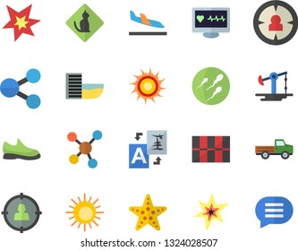 Color flat icon set tile flat vector, pickup truck, oil pumping, target audience, molecules, computer diagnostics of health, sperm, spark, sneakers, hotel first line fector, arrival, sun, starfish