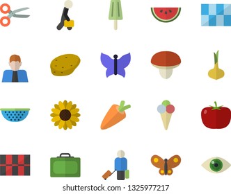 Color flat icon set tile flat vector, colander, mushroom, potato, tomato, onion, carrot, watermelon, ice cream, flower, butterflies, person, businessman, luggage fector, suitcase, scissors, eye